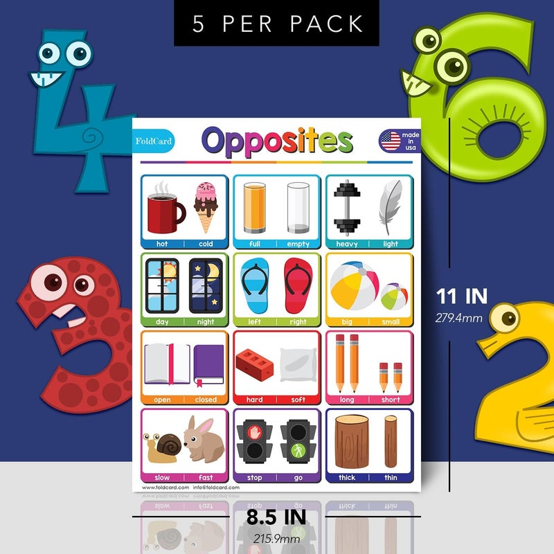 FoldCard Opposites Chart for Preschool to Grade 1 Kids – Bright and Colorful Educational Visual/Learning Aid Poster Decoration for Classroom or Home | Glossy Durable Cardstock | 8.5" x 11" | 5 per Pack - Image 2